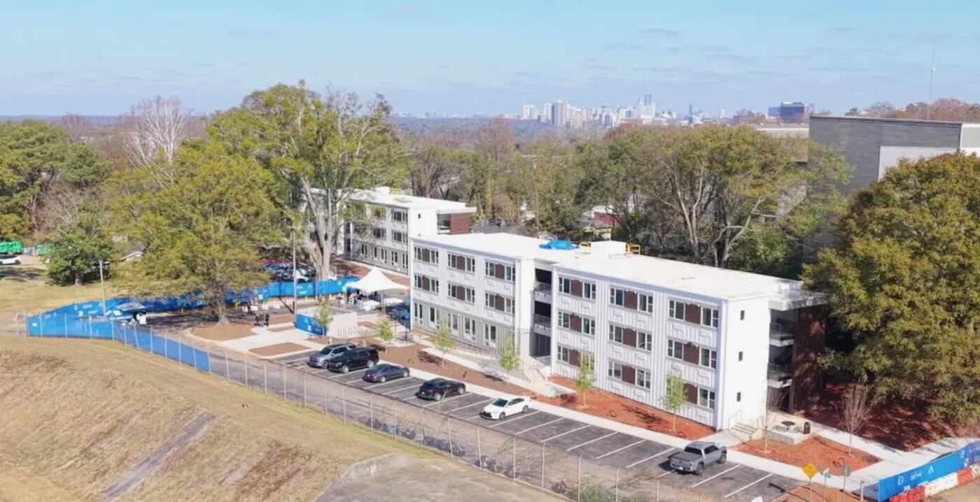 Aerial view of a new housing development built on city-owned land in Atlanta.